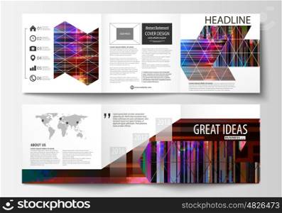 Business templates for tri fold brochures. Square design. Leaflet cover, abstract vector layout. Glitched background made of colorful pixel mosaic. Digital decay, signal error, television fail. Trendy glitch backdrop.