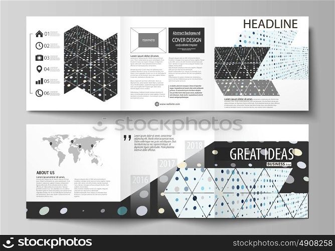 Business templates for tri fold square brochures. Leaflet cover, abstract flat layout. Soft color dots with illusion of depth and perspective, dotted background. Modern elegant vector design.. Set of business templates for tri fold square design brochures. Leaflet cover, abstract flat layout, easy editable vector. Abstract soft color dots with illusion of depth and perspective, dotted technology background. Multicolored particles, modern pattern, elegant texture, vector design.
