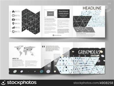 Business templates for tri fold square brochures. Leaflet cover, abstract flat layout. Soft color dots with illusion of depth and perspective, dotted background. Modern elegant vector design.. Set of business templates for tri fold square design brochures. Leaflet cover, abstract flat layout, easy editable vector. Abstract soft color dots with illusion of depth and perspective, dotted technology background. Multicolored particles, modern pattern, elegant texture, vector design.