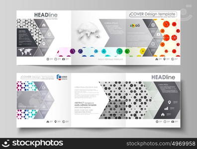 Business templates for tri fold square brochures. Leaflet cover, abstract vector layout. Chemistry pattern, hexagonal design molecule structure, medical DNA research. Geometric colorful background.. Set of business templates for tri fold square design brochures. Leaflet cover, abstract flat layout, easy editable vector. Chemistry pattern, hexagonal design molecule structure, scientific, medical DNA research. Geometric colorful background.