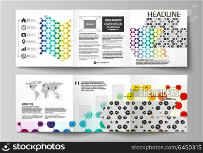 Business templates for tri fold square brochures. Leaflet cover, abstract vector layout. Chemistry pattern, hexagonal design molecule structure, medical DNA research. Geometric colorful background.. Set of business templates for tri fold square design brochures. Leaflet cover, abstract flat layout, easy editable vector. Chemistry pattern, hexagonal design molecule structure, scientific, medical DNA research. Geometric colorful background.