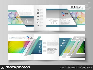 Business templates for tri fold square brochures. Leaflet cover, flat layout, easy editable vector. Colorful design with overlapping geometric shapes and waves forming abstract beautiful background.. Set of business templates for tri fold brochures. Square design. Leaflet cover, abstract flat layout, easy editable vector. Colorful design with overlapping geometric shapes and waves forming abstract beautiful background.