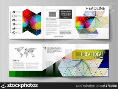 Business templates for tri fold square brochures. Leaflet cover, flat layout, easy editable vector. Colorful design with overlapping geometric shapes and waves forming abstract beautiful background.. Set of business templates for tri fold brochures. Square design. Leaflet cover, abstract flat layout, easy editable vector. Colorful design with overlapping geometric shapes and waves forming abstract beautiful background.