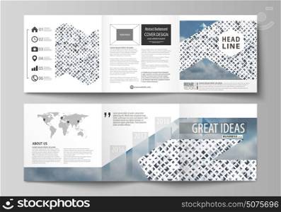 Business templates for tri fold square brochures. Leaflet cover, flat style layout. Blue color pattern with rhombuses, abstract design geometrical vector background. Simple modern stylish texture.. Set of business templates for tri fold brochures. Square design. Leaflet cover, abstract flat layout, easy editable vector. Blue color pattern with rhombuses, abstract design geometrical vector background. Simple modern stylish texture.