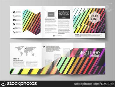 Business templates for tri fold square brochures. Leaflet cover, vector layout. Bright color rectangles, colorful design with geometric rectangular shapes forming abstract beautiful background.. Set of business templates for tri fold brochures. Square design. Leaflet cover, abstract flat layout, easy editable vector. Bright color rectangles, colorful design with geometric rectangular shapes forming abstract beautiful background.