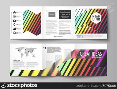 Business templates for tri fold square brochures. Leaflet cover, vector layout. Bright color rectangles, colorful design with geometric rectangular shapes forming abstract beautiful background.. Set of business templates for tri fold brochures. Square design. Leaflet cover, abstract flat layout, easy editable vector. Bright color rectangles, colorful design with geometric rectangular shapes forming abstract beautiful background.