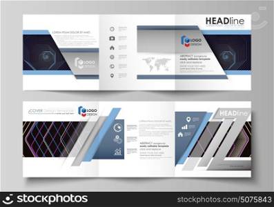 Business templates for tri fold square brochures. Leaflet cover, vector layout. Abstract polygonal background with hexagons, illusion of depth. Black color geometric design, hexagonal geometry.. Set of business templates for tri fold square design brochures. Leaflet cover, abstract flat layout, easy editable vector. Abstract polygonal background with hexagons, illusion of depth and perspective. Black color geometric design, hexagonal geometry.
