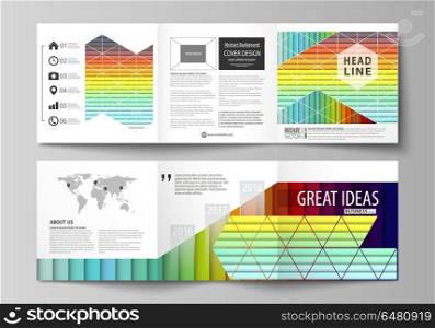 Business templates for tri fold square brochures. Leaflet cover, vector layout. Bright color rectangles, colorful design, overlapping geometric rectangular shapes forming abstract beautiful background. Set of business templates for tri fold brochures. Square design. Leaflet cover, abstract flat layout, easy editable vector. Bright color rectangles, colorful design with overlapping geometric rectangular shapes forming abstract beautiful background.