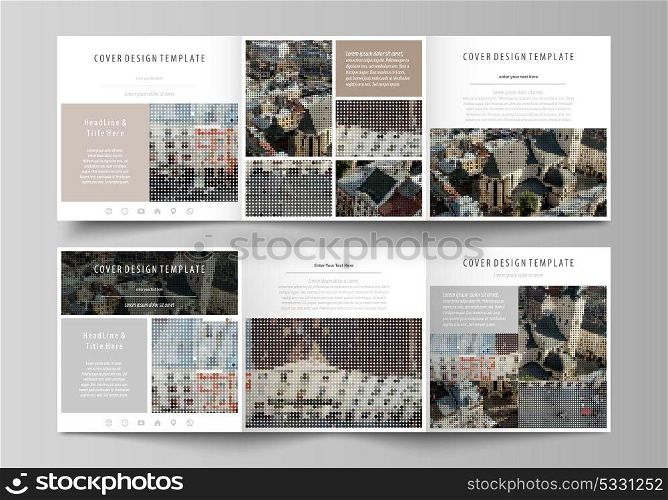 Business templates for tri fold square design brochures. Leaflet cover, abstract flat layout, easy editable vector. Colorful background made of dotted texture for travel business, urban cityscape.. Set of business templates for tri fold square design brochures. Leaflet cover, abstract flat layout, easy editable vector. Colorful background made of dotted texture for travel business, urban cityscape