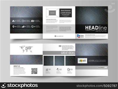 Business templates for tri fold square design brochures. Leaflet cover. Colorful dark background with abstract lines. Bright color chaotic, random, messy curves. Colourful vector layout.. Set of business templates for tri fold square design brochures. Leaflet cover, abstract flat layout, easy editable vector. Colorful dark background with abstract lines. Bright color chaotic, random, messy curves. Colourful vector decoration.
