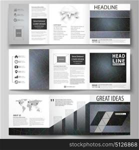 Business templates for tri fold square design brochures. Leaflet cover. Colorful dark background with abstract lines. Bright color chaotic, random, messy curves. Colourful vector layout.. Set of business templates for tri fold square design brochures. Leaflet cover, abstract flat layout, easy editable vector. Colorful dark background with abstract lines. Bright color chaotic, random, messy curves. Colourful vector decoration.