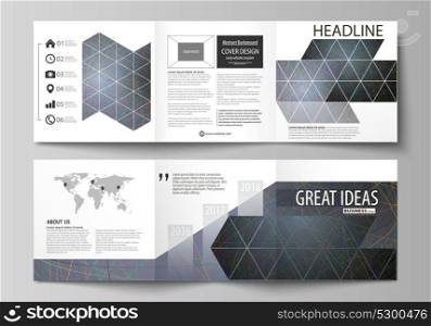 Business templates for tri fold square design brochures. Leaflet cover. Colorful dark background with abstract lines. Bright color chaotic, random, messy curves. Colourful vector layout.. Business templates for tri fold square design brochures. Leaflet cover. Colorful dark background with abstract lines. Bright color chaotic, random, messy curves. Colourful vector layout