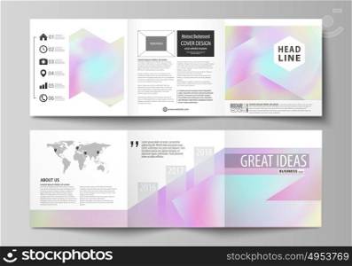 Business templates for tri fold square design brochures. Leaflet cover, abstract vector layout. Hologram, background in pastel colors, holographic effect. Blurred colorful pattern, futuristic texture.. Set of business templates for tri fold square design brochures. Leaflet cover, abstract flat layout, easy editable vector. Hologram, background in pastel colors with holographic effect. Blurred colorful pattern, futuristic surreal texture.