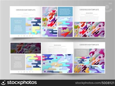 Business templates for tri fold square design brochures. Leaflet cover, abstract vector layout. Bright color lines and dots, colorful minimalist backdrop, geometric shapes, minimalistic background.. Set of business templates for tri fold square design brochures. Leaflet cover, abstract flat layout, easy editable vector. Bright color lines and dots, colorful minimalist backdrop with geometric shapes forming beautiful minimalistic background.