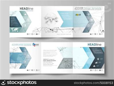 Business templates for tri fold square design brochures. Leaflet cover, abstract vector layout. Chemistry pattern, connecting lines and dots, molecule structure on white, geometric graphic background.. Set of business templates for tri fold square design brochures. Leaflet cover, abstract flat layout, easy editable vector. Chemistry pattern, connecting lines and dots, molecule structure on white, geometric graphic background.