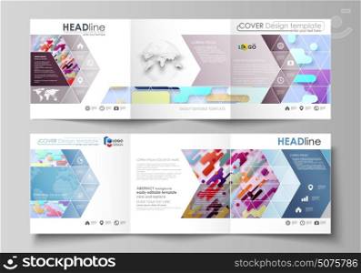 Business templates for tri fold square design brochures. Leaflet cover, abstract vector layout. Bright color lines and dots, colorful minimalist backdrop, geometric shapes, minimalistic background.. Set of business templates for tri fold square design brochures. Leaflet cover, abstract flat layout, easy editable vector. Bright color lines and dots, colorful minimalist backdrop with geometric shapes forming beautiful minimalistic background.