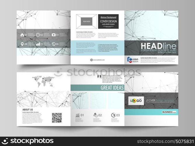 Business templates for tri fold square design brochures. Leaflet cover, abstract vector layout. Chemistry pattern, connecting lines and dots, molecule structure on white, geometric graphic background.. Set of business templates for tri fold square design brochures. Leaflet cover, abstract flat layout, easy editable vector. Chemistry pattern, connecting lines and dots, molecule structure on white, geometric graphic background.