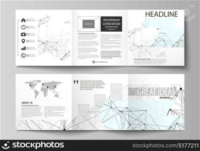 Business templates for tri fold square design brochures. Leaflet cover, abstract vector layout. Chemistry pattern, connecting lines and dots, molecule structure on white, geometric graphic background. Business templates for tri fold square design brochures. Leaflet cover, abstract vector layout. Chemistry pattern, connecting lines and dots, molecule structure on white, geometric graphic background.