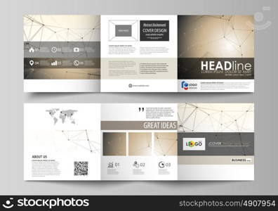 Business templates for tri fold square design brochures. Leaflet cover, easy editable vector layout. Technology, science, medical concept. Golden dots and lines, cybernetic digital style. Lines plexus. Set of business templates for tri fold square design brochures. Leaflet cover, abstract flat layout, easy editable vector. Technology, science, medical concept. Golden dots and lines, cybernetic digital style. Lines plexus.