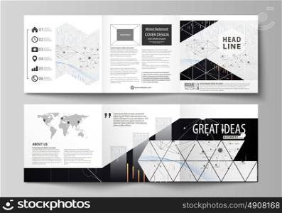 Business templates for tri fold square design brochures. Leaflet cover, vector layout. Abstract infographic background in minimalist style made from lines, symbols, charts, other elements.. Set of business templates for tri fold square design brochures. Leaflet cover, abstract flat layout, easy editable vector. Abstract infographic background in minimalist style made from lines, symbols, charts, diagrams and other elements.
