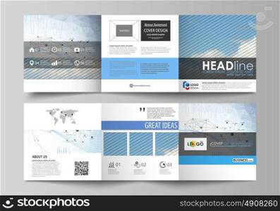 Business templates for tri fold square design brochures. Leaflet cover, vector layout. Blue color abstract infographic background in minimalist style made from lines, symbols, charts, other elements.. Set of business templates for tri fold square design brochures. Leaflet cover, abstract flat layout, easy editable vector. Blue color abstract infographic background in minimalist style made from lines, symbols, charts, diagrams and other elements.