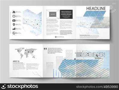 Business templates for tri fold square design brochures. Leaflet cover, vector layout. Blue color abstract infographic background in minimalist style made from lines, symbols, charts, other elements.. Set of business templates for tri fold square design brochures. Leaflet cover, abstract flat layout, easy editable vector. Blue color abstract infographic background in minimalist style made from lines, symbols, charts, diagrams and other elements.
