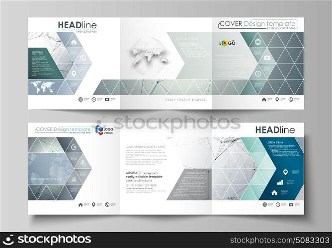Business templates for tri fold square design brochures. Leaflet cover, vector layout. Genetic and chemical compounds. Atom, DNA and neurons. Medicine, chemistry, science concept. Geometric background. Set of business templates for tri fold square design brochures. Leaflet cover, abstract flat layout, easy editable vector. Genetic and chemical compounds. Atom, DNA and neurons. Medicine, chemistry, science or technology concept. Geometric background.