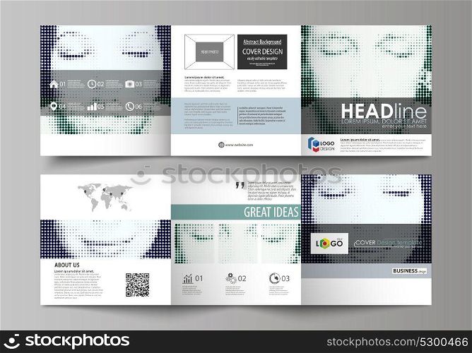 Business templates for tri fold square design brochures. Leaflet cover, vector layout. Halftone dotted background, retro style grungy pattern, vintage texture. Halftone effect with black dots on white. Business templates, tri fold square design brochures. Leaflet cover, vector layout. Halftone dotted background, retro style grungy pattern, vintage texture. Halftone effect with black dots on white