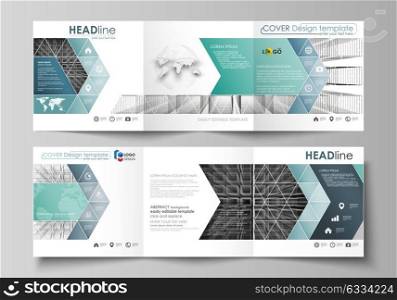 Business templates for tri fold square design brochures. Leaflet cover, vector layout. Abstract infinity background, 3d structure with rectangles forming illusion of depth and perspective.. Set of business templates for tri fold square design brochures. Leaflet cover, abstract flat layout, easy editable vector. Abstract infinity background, 3d structure with rectangles forming illusion of depth and perspective.