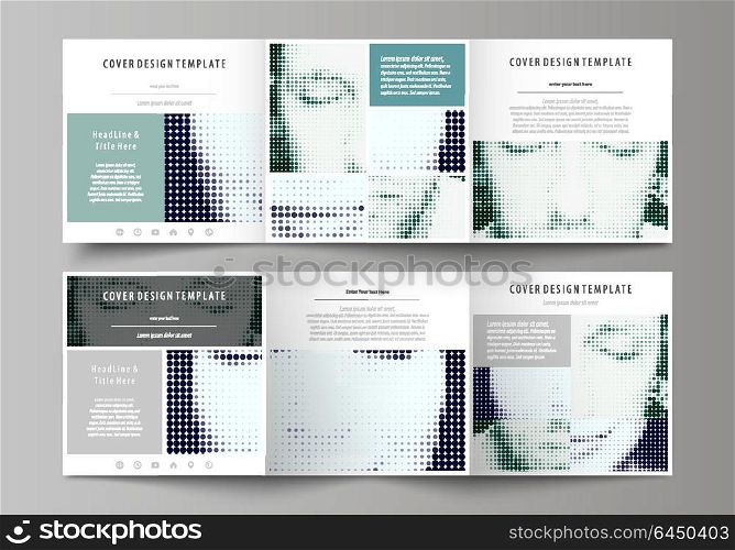 Business templates for tri fold square design brochures. Leaflet cover, vector layout. Halftone dotted background, retro style grungy pattern, vintage texture. Halftone effect with black dots on white. Set of business templates for tri fold square design brochures. Leaflet cover, abstract flat layout, easy editable vector. Halftone dotted background, retro style grungy pattern, vintage texture. Halftone effect with black dots on white.