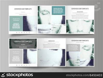 Business templates for tri fold square design brochures. Leaflet cover, vector layout. Halftone dotted background, retro style grungy pattern, vintage texture. Halftone effect with black dots on white. Set of business templates for tri fold square design brochures. Leaflet cover, abstract flat layout, easy editable vector. Halftone dotted background, retro style grungy pattern, vintage texture. Halftone effect with black dots on white.