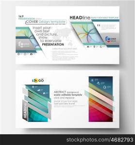 Business templates in HD format for presentation slides. Easy editable layouts in flat style, vector illustration. Colorful design background with abstract shapes and waves, overlap effect
