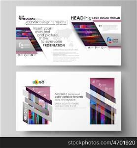 Business templates in HD format for presentation slides. Easy editable abstract layouts in flat design, vector illustration. Glitched background made of colorful pixel mosaic. Digital decay, signal error, television fail. Trendy glitch backdrop.