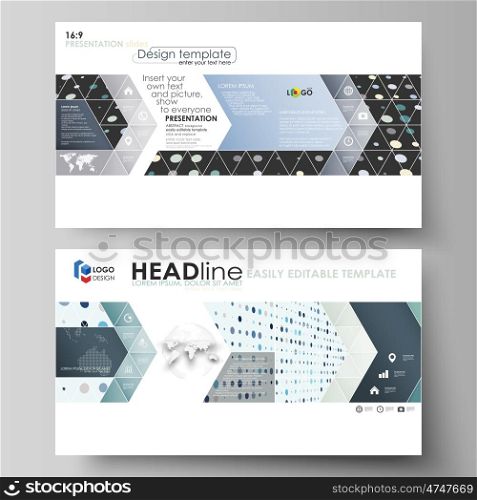 Business templates in HD format for presentation slides. Easy editable abstract vector layouts in flat design. Abstract soft color dots with illusion of depth and perspective, dotted technology background. Multicolored particles, modern pattern, elegant texture, vector design.