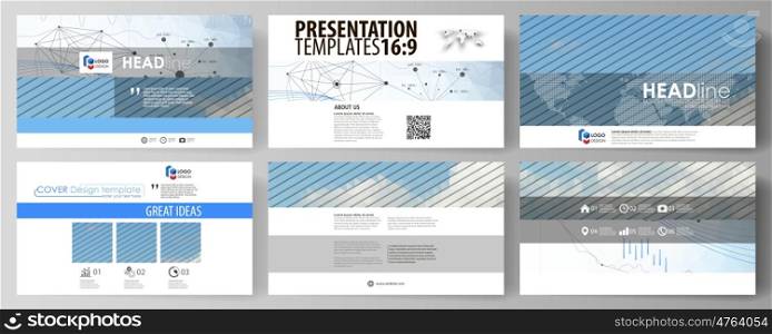 Business templates in HD format for presentation slides. Easy editable abstract vector layouts in flat design. Blue color abstract infographic background in minimalist style made from lines, symbols, charts, diagrams and other elements.