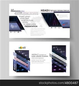 Business templates in HD format for presentation slides. Easy editable abstract vector layouts in flat design. Abstract colorful neon dots, dotted technology background. Glowing particles, led light pattern, futuristic texture, digital vector design.
