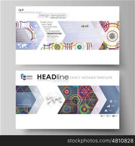 Business templates in HD format for presentation slides. Easy editable abstract vector layouts in flat design. Bright color background in minimalist style made from colorful circles.. Business templates in HD format for presentation slides. Easy editable abstract vector layouts in flat design. Bright color background in minimalist style made from colorful circles