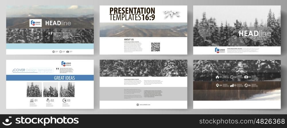 Business templates in HD format for presentation slides. Easy editable abstract vector layouts in flat design. Abstract landscape of nature. Dark color pattern in vintage style, mosaic texture.