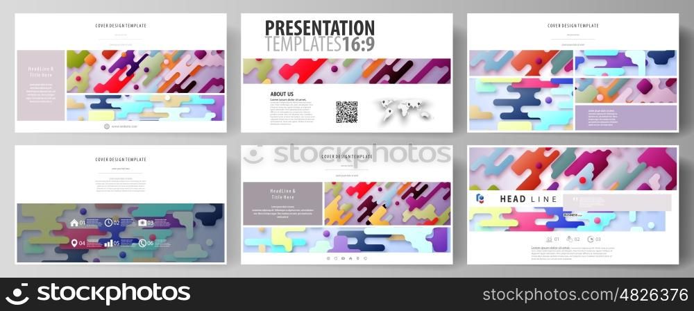 Business templates in HD format for presentation slides. Easy editable abstract vector layouts in flat design. Bright color lines and dots, colorful minimalist backdrop with geometric shapes forming beautiful minimalistic background.