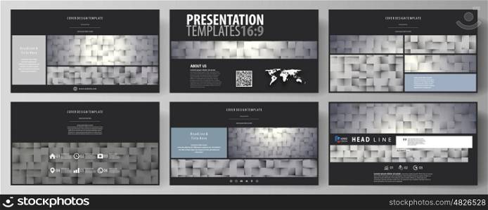 Business templates in HD format for presentation slides. Easy editable abstract vector layouts in flat design. Pattern made from squares, gray background in geometrical style. Simple texture