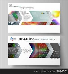 Business templates in HD format for presentation slides. Easy editable abstract layouts in flat design, vector illustration. Colorful design background with abstract shapes, bright cell backdrop.