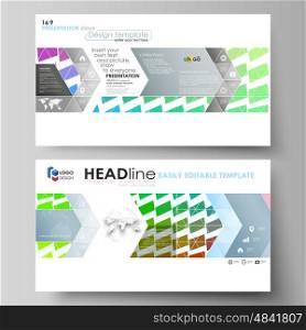 Business templates in HD format for presentation slides. Easy editable abstract vector layouts in flat design. Colorful rectangles, moving dynamic shapes forming abstract polygonal style background.