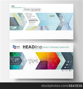 Business templates in HD format for presentation slides. Easy editable layouts in flat style, vector illustration. Colorful design background with abstract shapes and waves, overlap effect