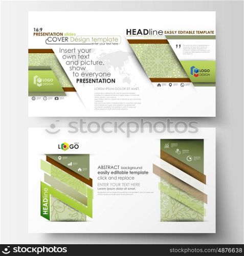 Business templates in HD format for presentation slides. Easy editable abstract layouts in flat design, vector illustration. Green color background with leaves. Spa concept in linear style. Vector decoration for fashion, cosmetics, beauty industry.