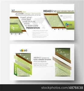 Business templates in HD format for presentation slides. Easy editable abstract layouts in flat design, vector illustration. Green color background with leaves. Spa concept in linear style. Vector decoration for fashion, cosmetics, beauty industry.