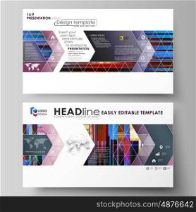 Business templates in HD format for presentation slides. Easy editable abstract layouts in flat design, vector illustration. Glitched background made of colorful pixel mosaic. Digital decay, signal error, television fail. Trendy glitch backdrop.