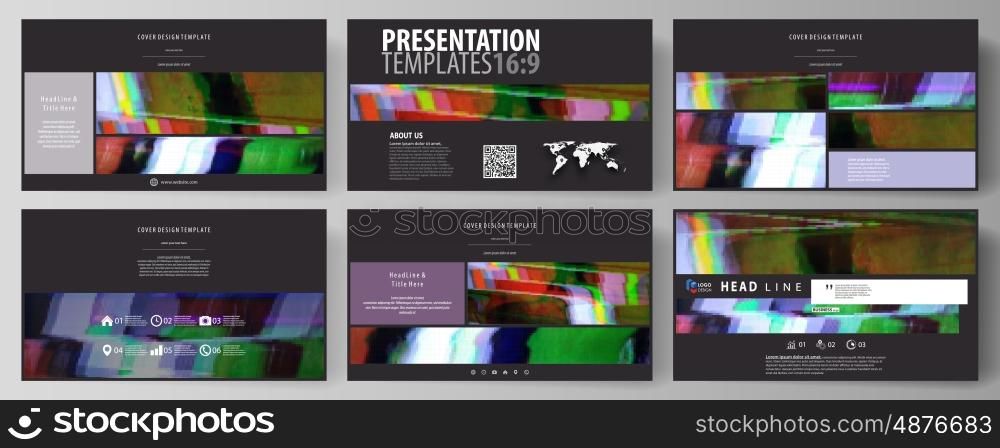 Business templates in HD format for presentation slides. Easy editable abstract vector layouts in flat design. Glitched background made of colorful pixel mosaic. Digital decay, signal error, television fail.