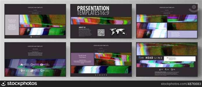 Business templates in HD format for presentation slides. Easy editable abstract vector layouts in flat design. Glitched background made of colorful pixel mosaic. Digital decay, signal error, television fail.