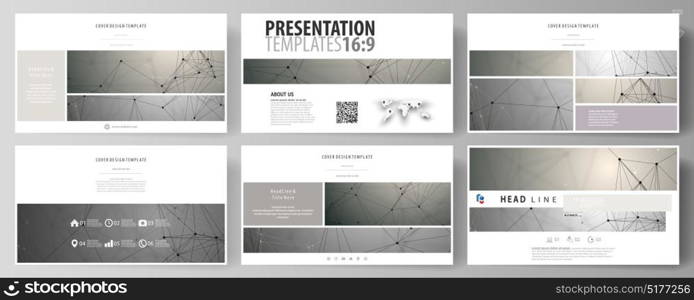 Business templates in HD format for presentation slides. Easy editable abstract vector layouts in flat design. Chemistry pattern, molecule structure on gray background. Science and technology concept.. Business templates in HD format for presentation slides. Easy editable abstract vector layouts in flat design. Chemistry pattern, molecule structure on gray background. Science and technology concept