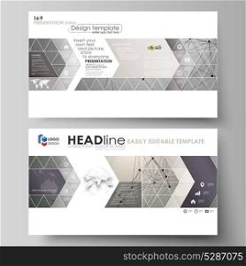 Business templates in HD format for presentation slides. Easy editable abstract vector layouts in flat design. Chemistry pattern, molecule structure on gray background. Science and technology concept.. Business templates in HD format for presentation slides. Easy editable abstract vector layouts in flat design. Chemistry pattern, molecule structure on gray background. Science and technology concept